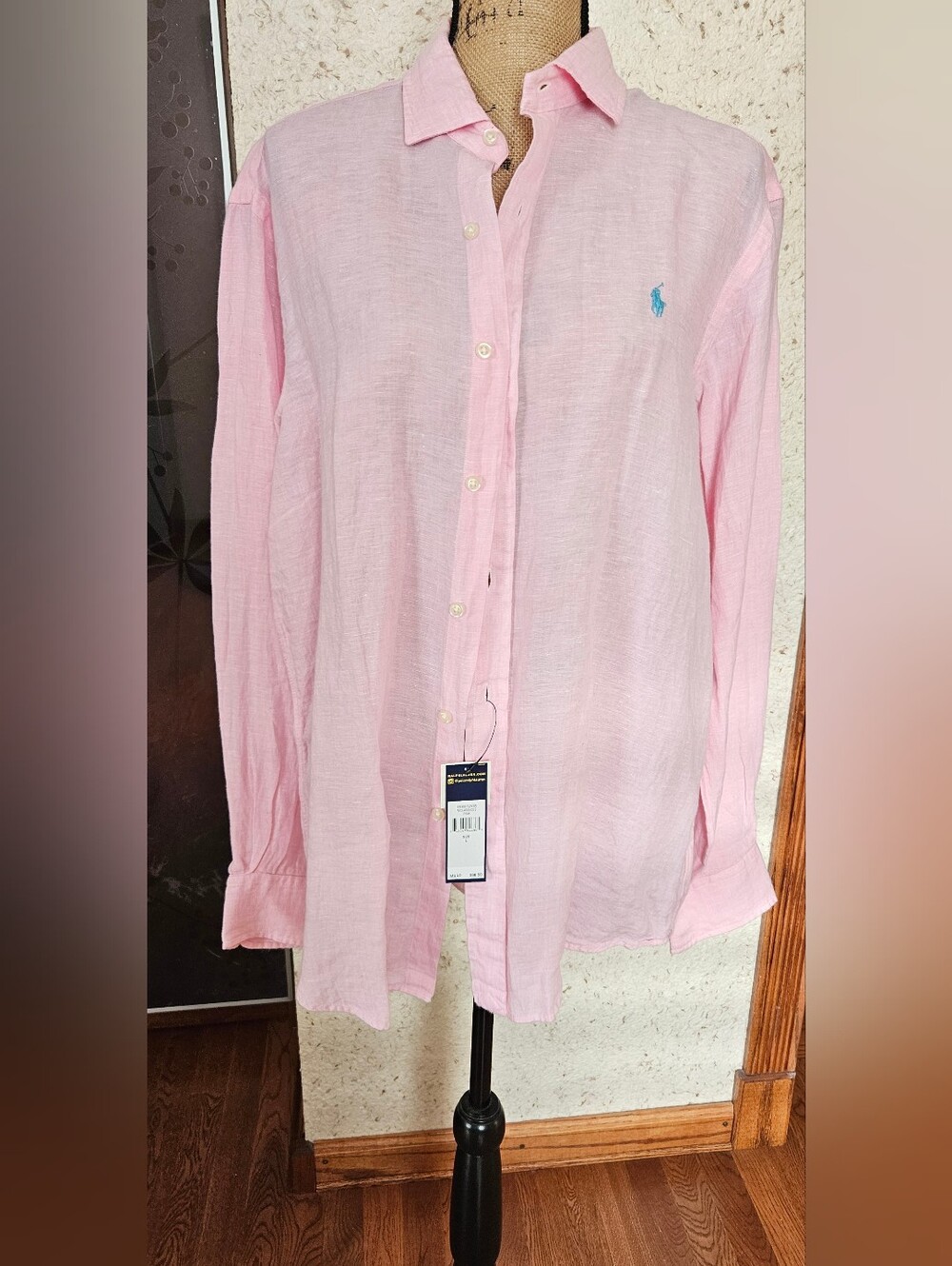 Ralph Lauren Light Pink Linen Button-Up Shirt with Blue Polo Logo. Brand New Tag